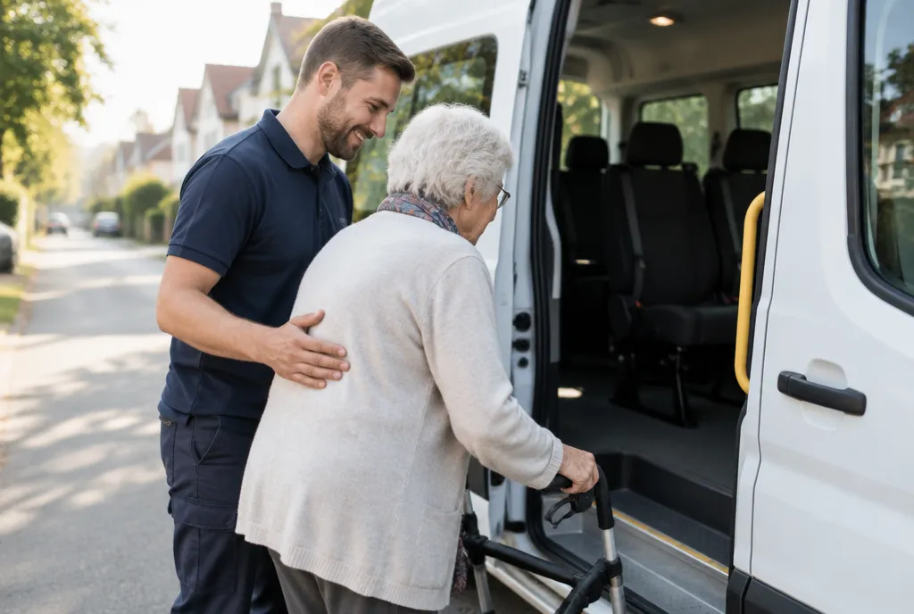 Fahrer hilft einer älteren Dame beim Einsteigen in einen Kleinbus