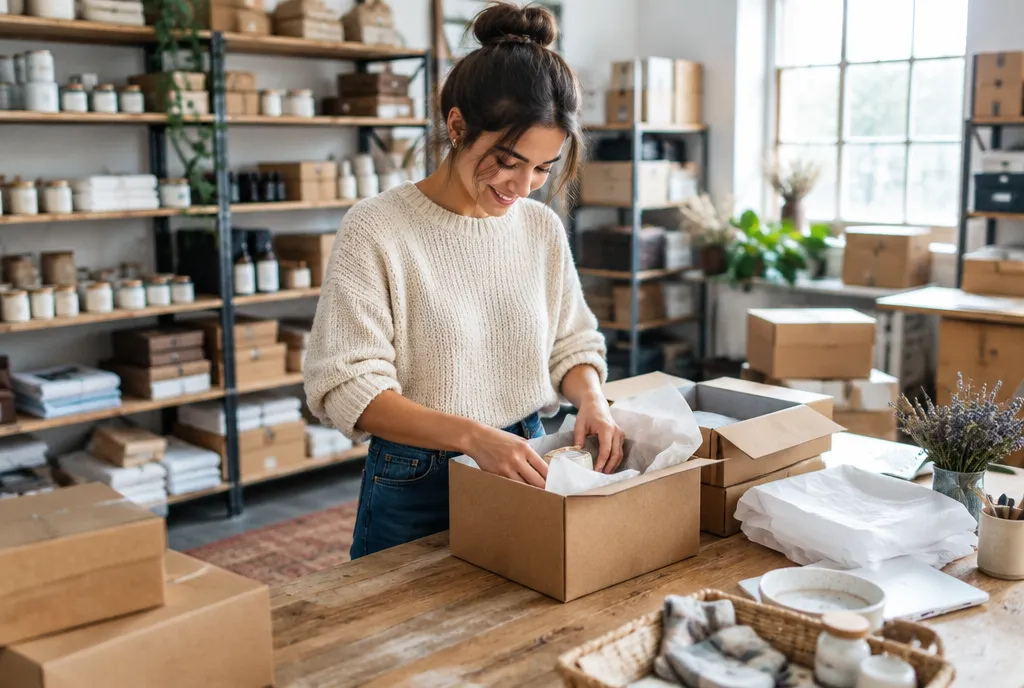 Gründerin eines Online-Shops packt Bestellungen