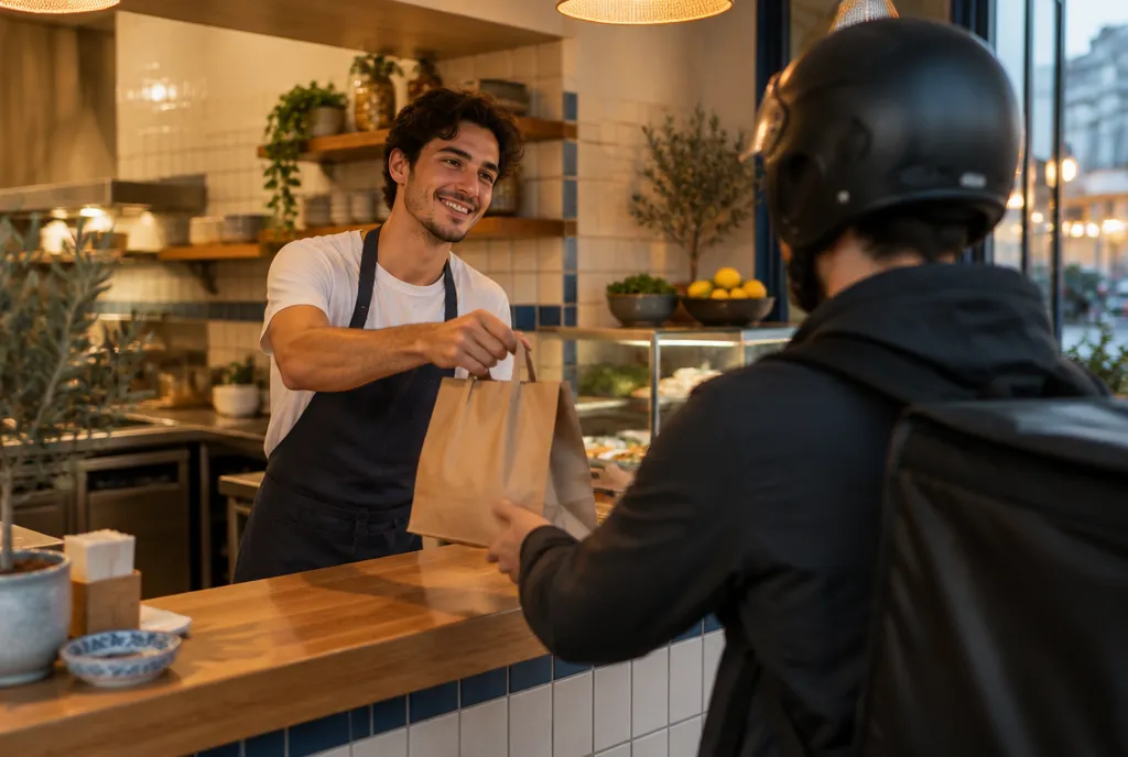 Restaurantinhaber übergibt einem Lieferfahrer eine Bestellung